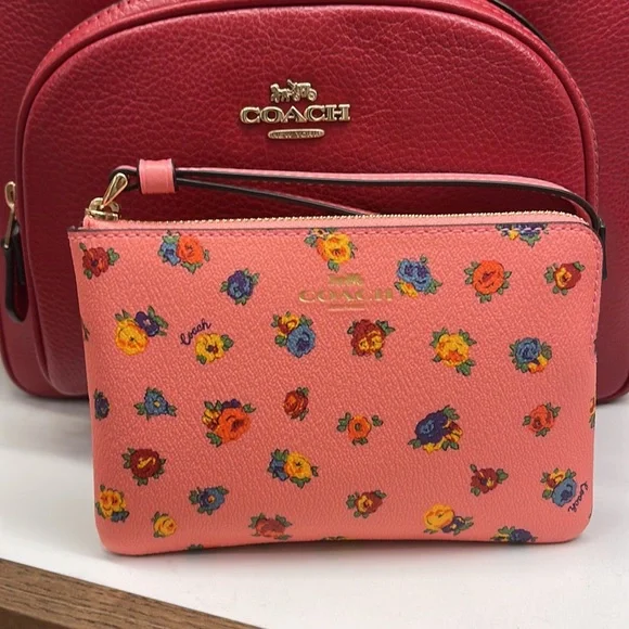 Coach Corner Zip Wristlet With Mini Vintage Rose Print Pink Lemonade Multi - Picture 16 of 16